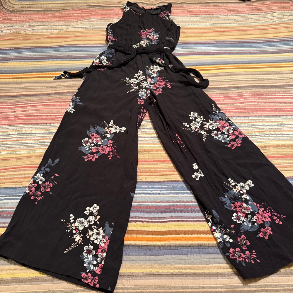 LOFT Womens Black‎ Floral Wide Leg Jumpsuit Sleeveless Ruffle Neck Size S 472125